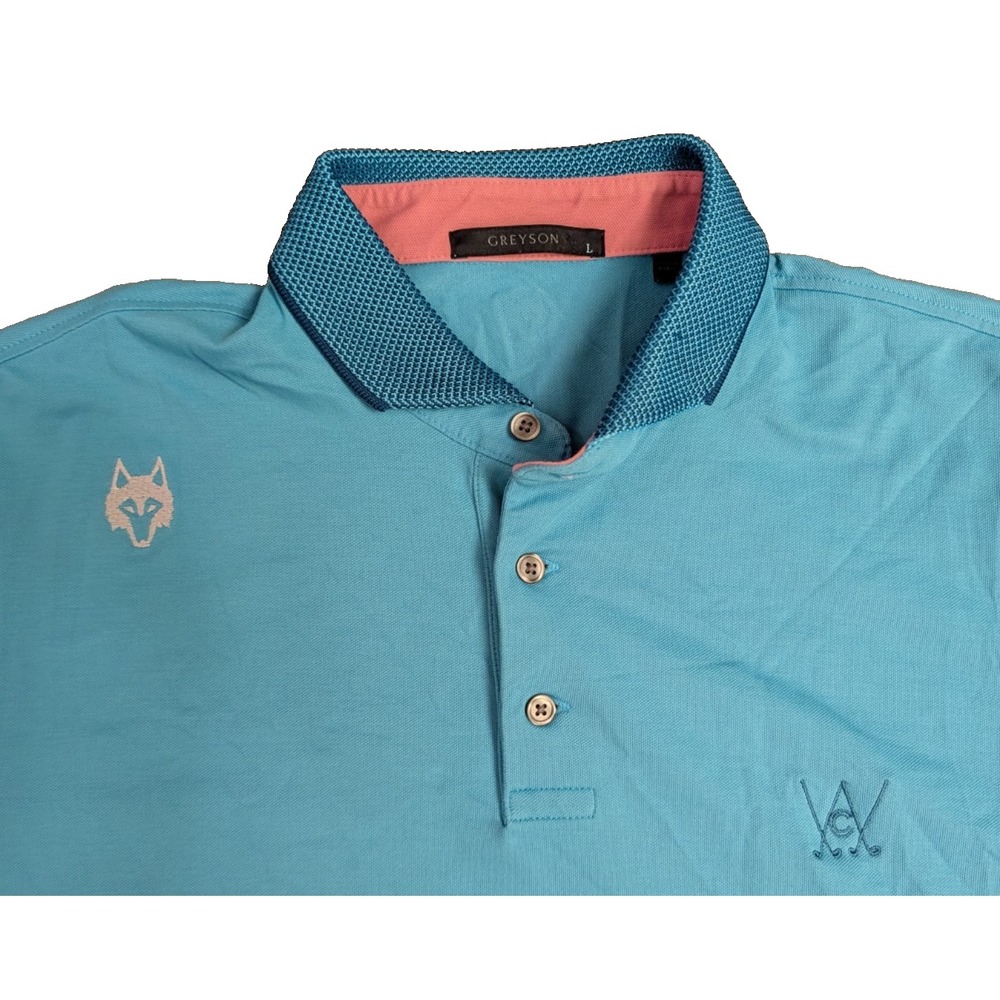Greyson Golf Polo Shirt Men's L Blue Wolf Logo Pima Cotton Spandex Short Sleeve